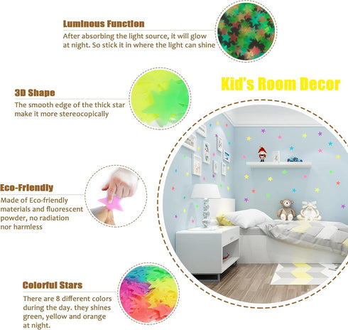 Glow in The Dark Stars and Moon Stickers for Ceiling - 200pcs 3D Luminous Adhesive Stars for Kids Bedroom Room Decor
