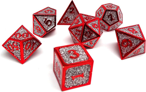 Heroic Dice of Metallic Luster - 7 Piece Metal Polyhedral Dice Collection in Silver with Red Font