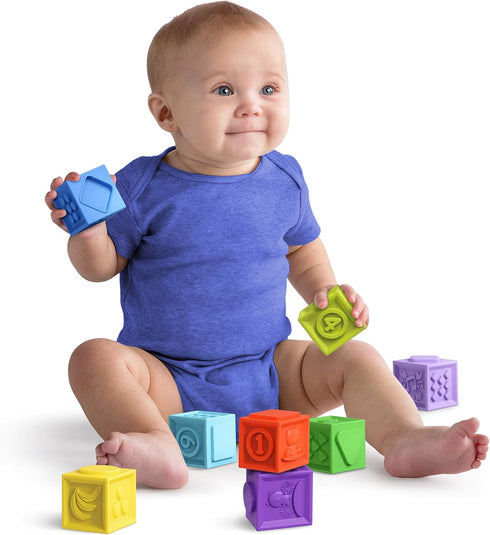 Bright Starts KaledioCubes 9pk Stack & Squeeze Blocks Baby Bath Toys - Play & Learn with Colors, Numbers & Shapes, Ages 3 Months+, Multicolor