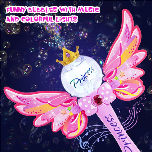 Princess Magic Bubble Wand Blower for Kids, Musical & Light Up Automatic Bubble Machine, Outdoor Toy for Girls (Pink)