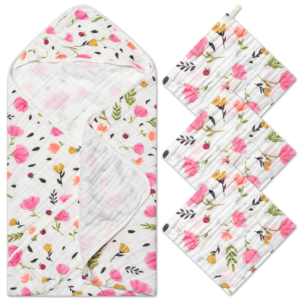 Zainpe 4Pcs Muslin Baby Hooded Towel & Washcloth Set Spring Pink Flowers