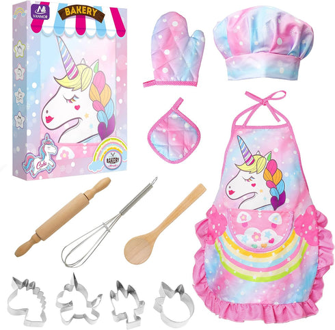Sets, 11Pcs 3 4 5 6 7 8 Vanmor Unicorn Kids Cooking and Baking Kids Aprons for Girls, Kids Chef Hat and Pink Apron