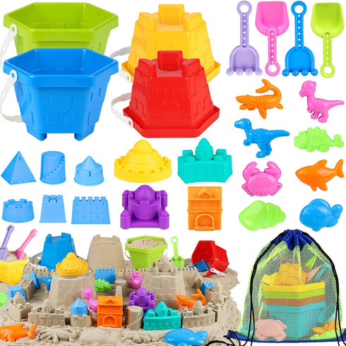 HUUIDY Beach Toys for Kids, Sand Toys with 4 Sand Buckets and Shovels