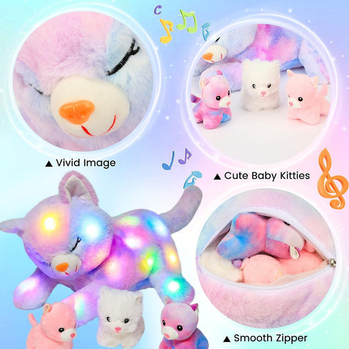 Hopearl LED Musical Stuffed Cat, Singing Plush Toy Playset with 3 Baby Kittens, 18'' Rainbow