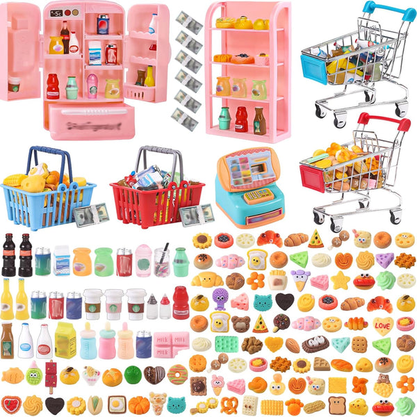 DULEFUN 143pcs Mini Shopping Cart Basket Miniature Food Drink Bottle Toys, Supermarket Shelve