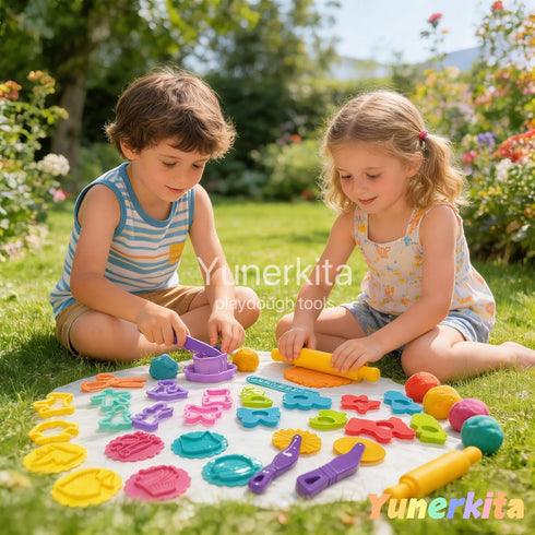 Yunerkita 29PCS Set, F963 3-8 Play Dough Tools Kids Clay Molds Kit with Animal Letters Numbers Cutters Rollers Storage