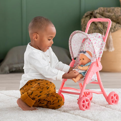 Corolle Baby Doll Stroller with Folding Canopy - Mon Premier Poupon Accessory for 12" Dolls, Pink/Floral Pattern