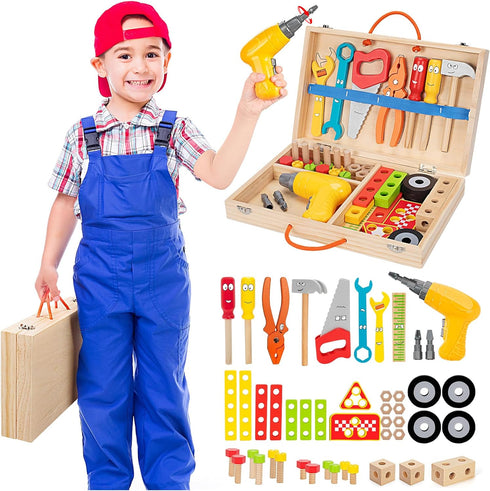 WEMEMORN Set 46 Set 3 4 5 6 Kids Tool with Electric Drill, Pcs Wooden Toddler Play Tools with Tool Box, Montessori STEM