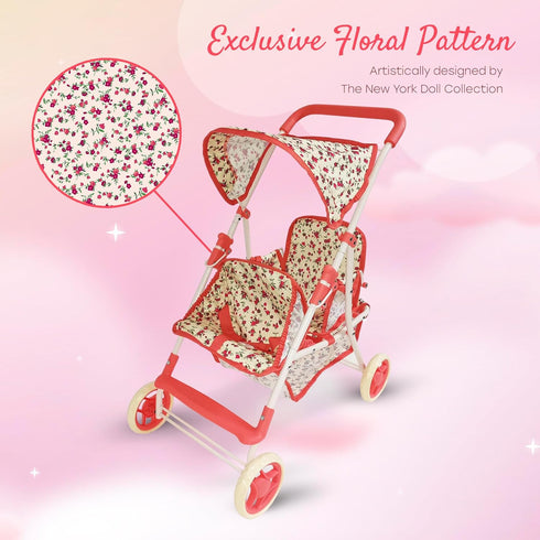 Double Doll Stroller for Baby Dolls, Floral Tandem Play Toy Stroller for 4-8 Year Old Girls