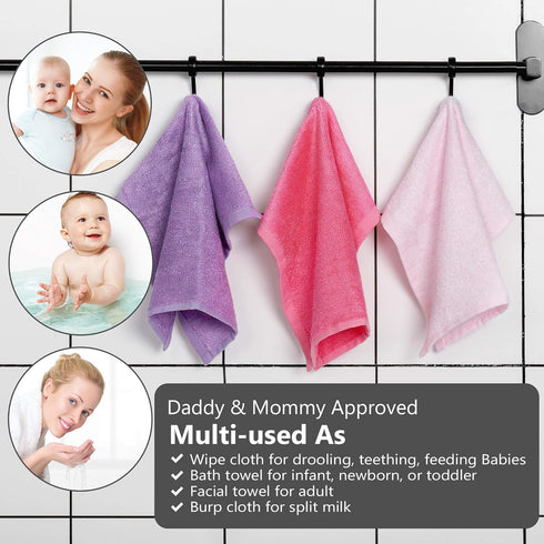 6 Pack 70% 30% 10"x10", Baby Girl Washcloths Bulk for Newborn, Extra Soft Face Bath Towel for Toddler, Absorbent Kids