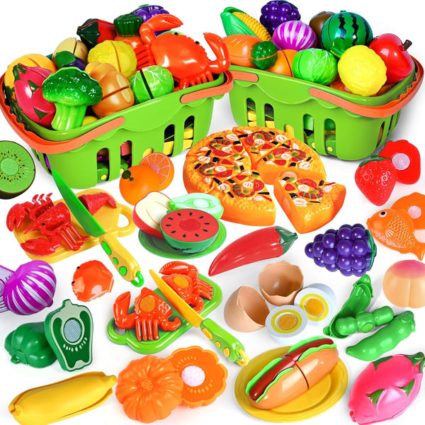 100 PCS Cutting Play Food Toy for Kids Kitchen, Pretend Food Toys with 2 Baskets, Birthday Gifts for 3-6 Years Old