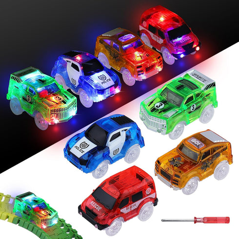 Tracks Cars Magic,Light Up Magic Toy Race Cars Glow in The Dark Toy Cars Gifts for 3 4 5 6 7 8 Kid,Boy&Girl with 5 LED Flashing Light Battery Operated Vehicle Compatible with Most Race Tracks(4pcs)
