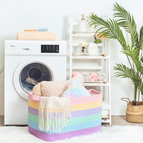 MINTWOOD Design Extra Large Blanket Basket Holder, Living Room Towel Shoe Basket, Rectangle Rope Woven Storage Baskets