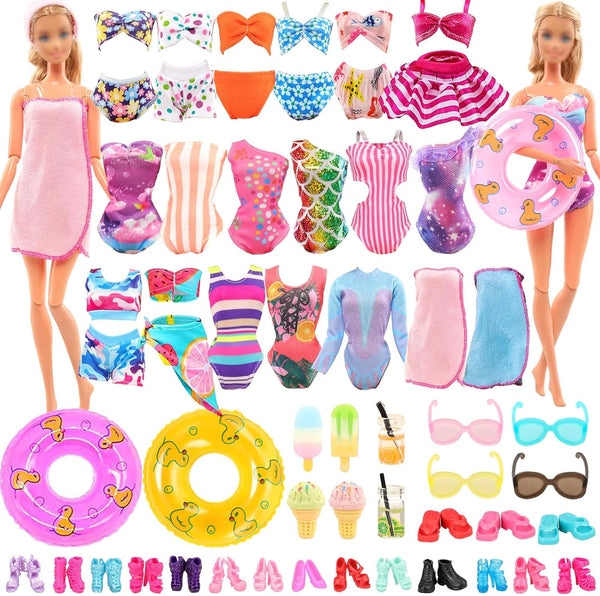 Lot 26 Pack Doll Clothes and Accessories Beach Bathing Set Including 5 Swimsuits, 1 Bathrobe, and More