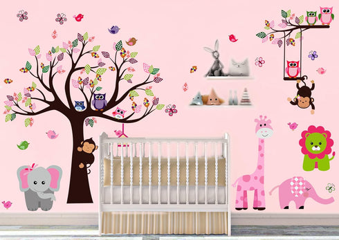 DEKOSH Pink Jungle Baby Nursery Wall Decal, Peel & Stick Colorful Owl Giraffe Lion Animal Stickers