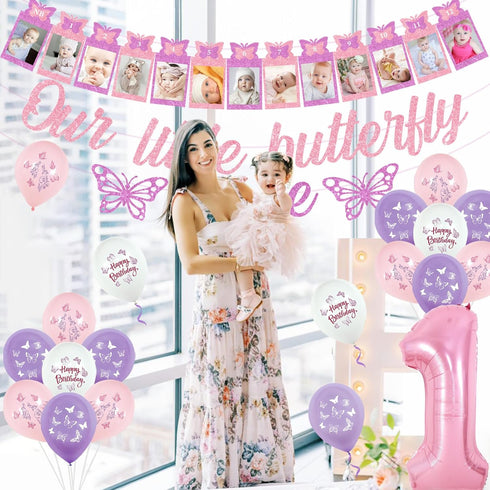 1st 1st Butterfly Birthday Decorations for Girls Pink Purple Our Little Butterfly is One Banner Cake Topper Photo