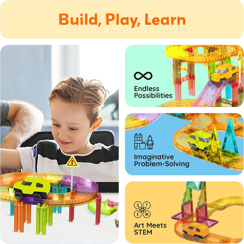 60pc Set 3 PTMR60 PicassoTiles Magnetic Tile Race Car Track STEM Construction Road Kit Building Blocks for Kids