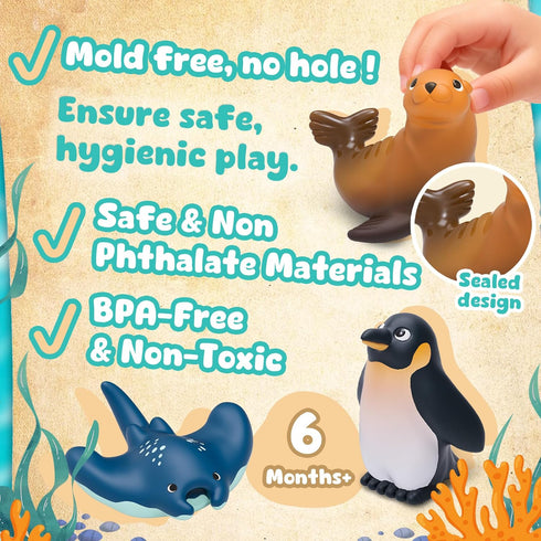 6-Pcs 1-3, Set Ocean Bath Toys for Toddlers No Hole Mold Free Bathtub Toys, Whale Shark Dolphin Penguin Sea Animal