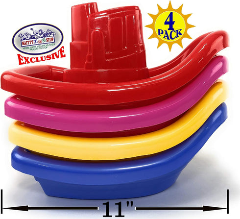 (11") Set 4 Pack Matty's Toy Stop Plastic Nesting/Stacking Tug Boats Red, Blue, Pink & Yellow Gift Bundle, Perfect