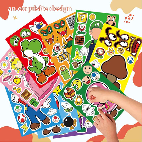 36 Sheets Mario Make a Face Stickers, DIY Cartoon Crafts for Kids Birthday Gifts and Party Favors