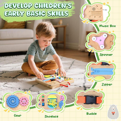 3+ MoKo Montessori Busy Board Toys for Years Old Wooden Sensory Toys Board with LED Light Up Switch, Locks, Zippers