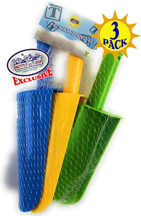 9" Set 3 Pack Matty's Toy Stop Kids Short Handle Sand Scoop Plastic Shovels for Sand & Beach (Yellow, Blue & Green)
