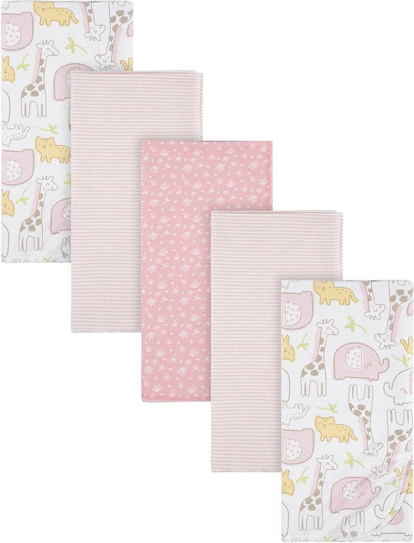 Gerber Girls Newborn Infant Baby Toddler Nursery - 100% Cotton Flannel Receiving Swaddle Blanket, Pink Safari, Pack of 5