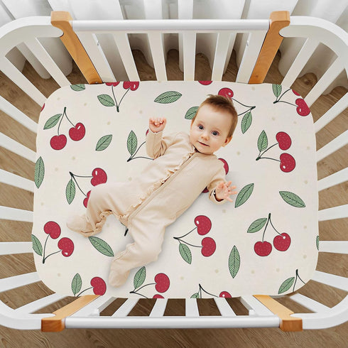 Burbuja 27 39 Fitted Crib Sheet for Girls and Boys, Cute Cherrys Soft Breathable Crib Sheet for Standard Crib