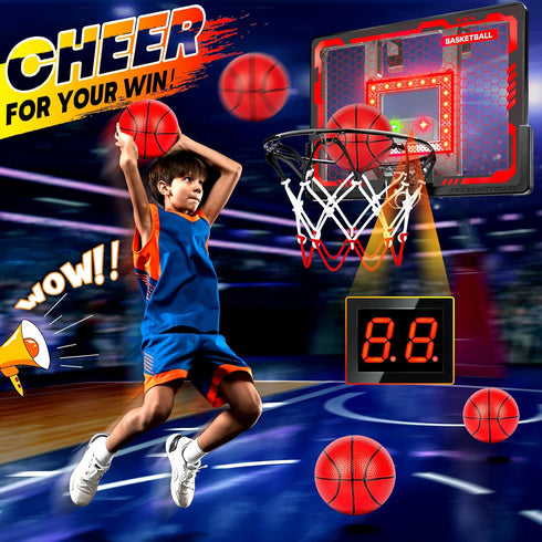Indoor Basketball Hoop Toy for Kids - Pro Over The Door Basketball Hoop with LED Lights, Scoreboard & 4 Balls
