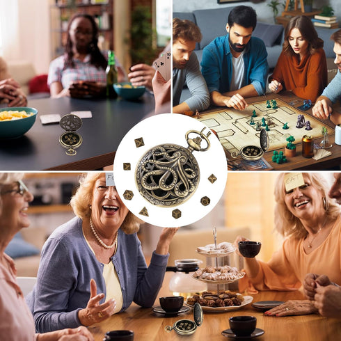 Mini DND Dice Set: 7pcs Polyhedral Metal D&D Dice with Steampunk Hollow Octopus Pocket Watch Shell Case