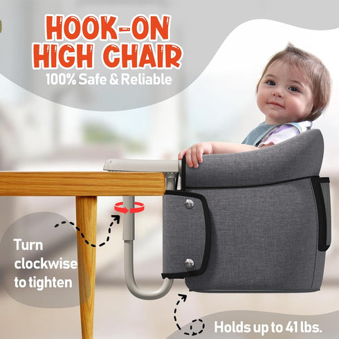 MYYOODI 6-36 3-Point Hook On High Chair, Portable and Foldable Baby Feeding Chair for Babies Months, Safety Harness
