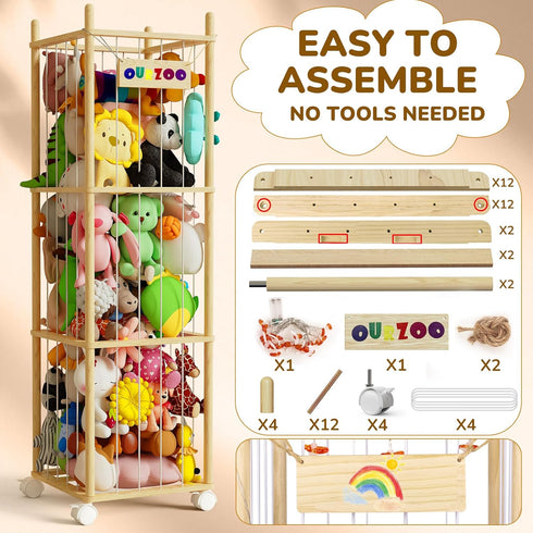 55.12in Stuffed Animal Storage Zoo with Wheels and Twinkling Bee String Lights, Large Wooden Stuffed Animal Storage