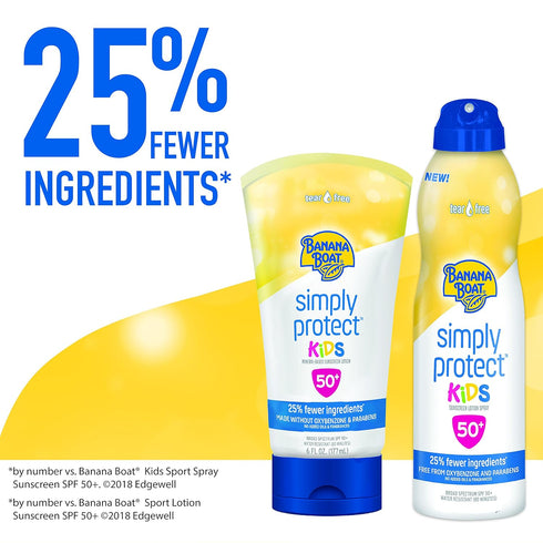 50+, 25% 6oz. Banana Boat Simply Protect Mineral-Based Sunscreen Lotion for Kids, SPF Tear Free, Fewer Ingredients