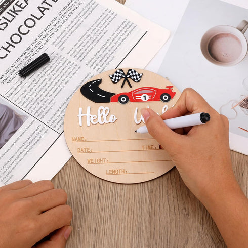 Penitue 15cm/5.91in Baby Announcement Sign, Wooden Hello World Newborn Bulletin Board with Pen Race Car & Checkered