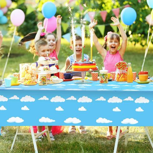 Tatuo Blue Sky White Clouds Birthday Party Supplies - Cartoon Tablecloth and Banner for Baby Kids Shower, 54 x 108 Inch