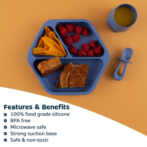 Tiny Twinkle Silicone Suction Baby Plate, Divided Dish for First Foods and Self-Feeding Toddlers (Indigo Plate)