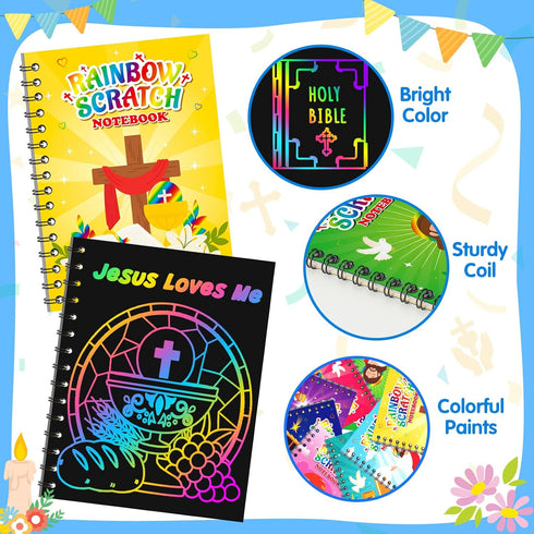 24 Pack 3-12, Rainbow Scratch Paper Party Favors: Christian Rainbow Scratch Notebook, Goodie Bags Stuffers Coloring