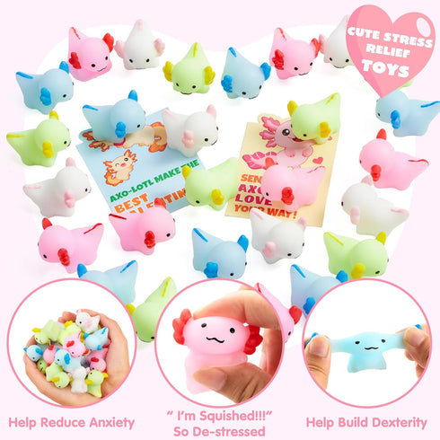 28 Packs JOYIN Valentines Day Gifts for Kids, Axolotl Mochi Squishy Toy with Funny Valentines Day Cards for Kids School