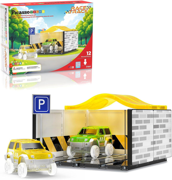 PicassoTiles Magnetic Tiles Race Car Track Kit Parking Garage Expansion Pack with