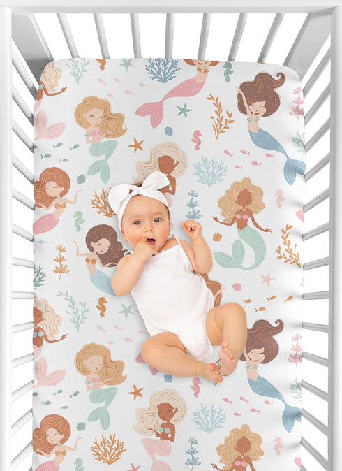 Sweet Jojo Designs Fitted Baby Crib Sheets (Ocean Mermaids) for Girls, Infant Nursery, Toddler Room - Standard Size