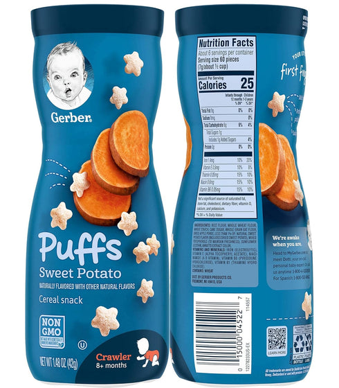 Pack 1.48 Pack 3) Gerber Graduates Puffs Cereal Snack Variety - Blueberry, Strawberry-Apple, Sweet Potato Ounce