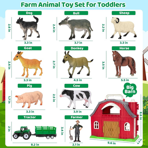 1 2 3 4 5 Playset Farm Animals Toys for Year old Toddlers Girls Boys, Big Red Barn Farm with Figures Animals