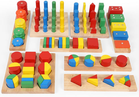 TOWO Wooden Geometric Shapes Stacking Rings and Fractions Boards 8 in 1