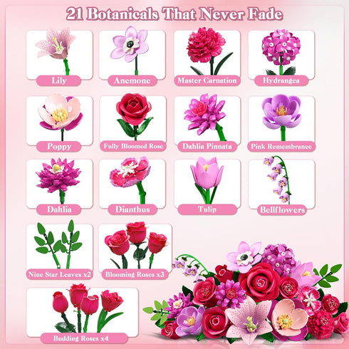 Set 21 832PCS CUBIMANA Flowers Bouquet Building with LED - Rose Red Botanical Collection Kit for Adults Women