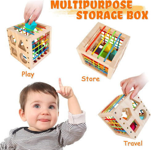1+ 8pcs Packaging HELLOWOOD Montessori Toys for Year Old, Wooden Sorter Cube with Rattling Shapes, Developmental