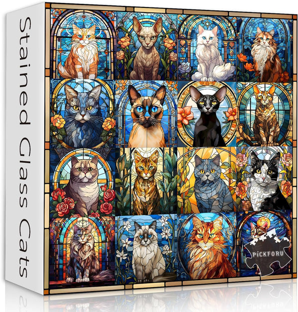 Stained Glass Cat Puzzle - 1000 Pieces, Colorful Kitty Collage, Challenging Jigsaw for Adults