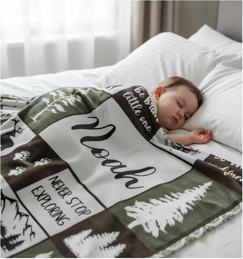 Cozy Personalized Baby Blankets with Name, Ships Next Day, Custom Baby Blanket with Letter Words, Soft Woodland