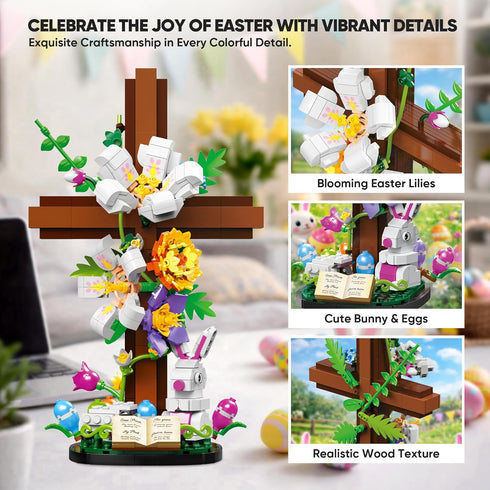 HiDectee Set Christian Cross Flower Building - Jesus Botanical Lily Cross with Bible Base & Spring Garden - Religious