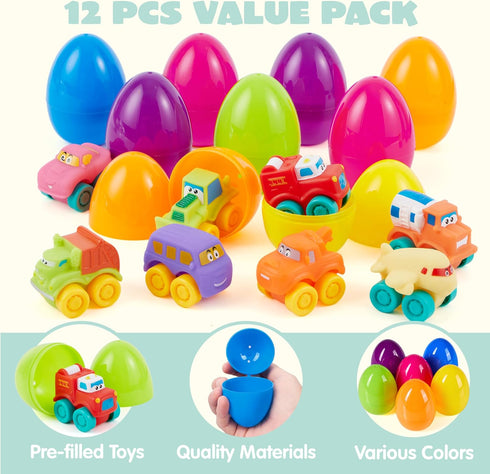 12 JOYIN Pcs Easter Eggs with Toys, Plastic Eggs with Rubber Cars, Basket Stuffers, Party Favors for Toddlers and Kids