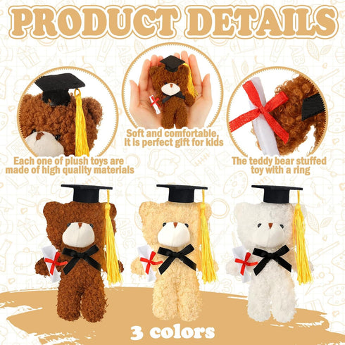 24 Pcs Mini Graduation Bear Plush Toy - 5.5 Inch Stuffed Animal with Black Cap, Class of 2024 Graduation Gift